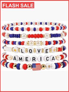 Patriotic Beaded Stretch Bracelets Set of 6 with Star Charms